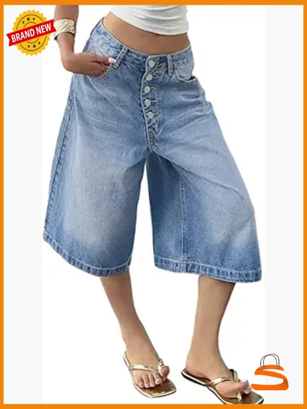 Baggy Cargo Capri Jeans Wide Leg High Waist Casual Denim Bermuda Jorts